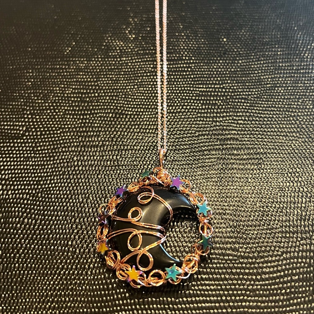 Black Agate Half Moon Rose Gold Necklace